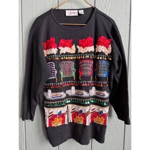 Vintage 90s Cedars Beaded Christmas 3/4 Sleeve Top – Santa Medium